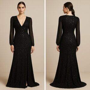 Windsor Black Sequin Long Sleeve Mesh Evening Gown – S